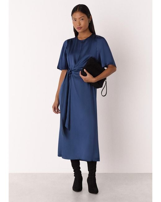 Whistles Blue Petite Satin Twist Waist Midi Dress