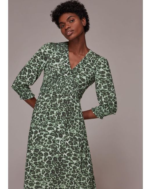 Whistles Green Clouded Leopard Shirred Dress