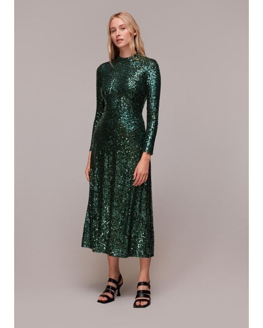 Whistles Green Minimal Sequin Midi Dress
