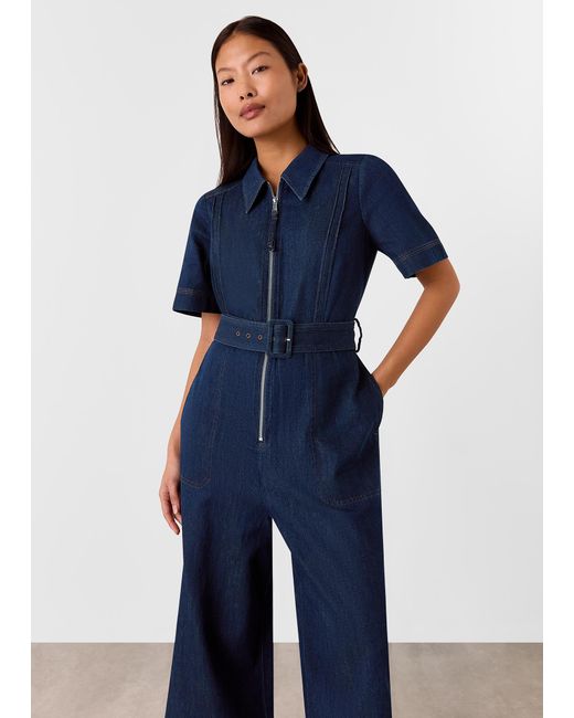 Whistles Blue Petite Pintuck Belted Jumpsuit