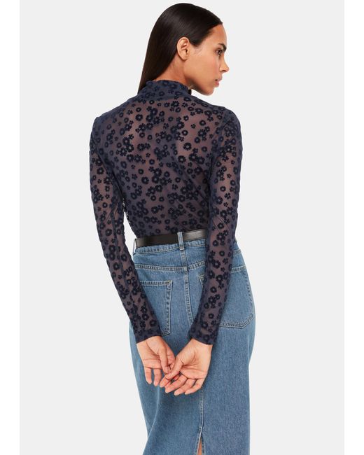 Whistles Blue Flower Crew Neck Mesh Top