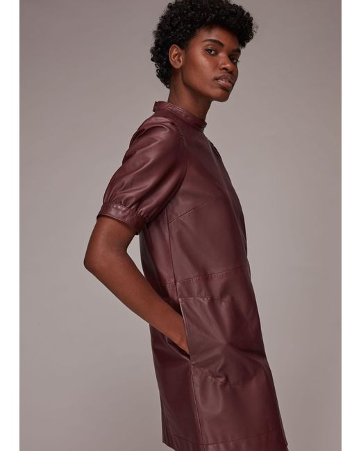 Whistles Purple Puff Sleeve Leather Dress