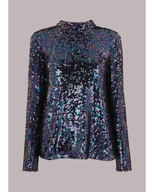 Whistles Blue High Neck Sequin Top