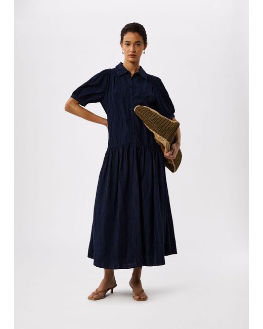Whistles Blue Textured Drop Waist Midi Dress