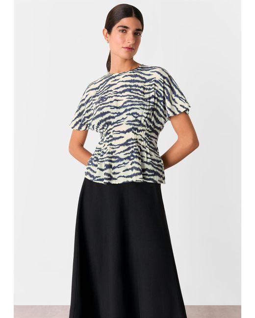 Whistles Blue Feathered Tiger Shirred Blouse