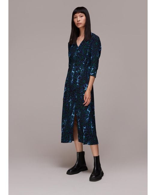 Whistles Blue Night Cat Print Midi Dress