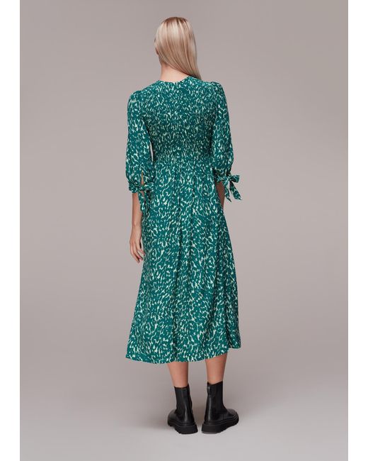 Whistles Green Sahara Cat Shirred Midi Dress