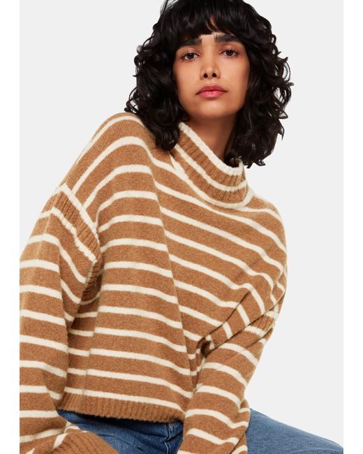 Whistles Brown Stripe Rib Detail Funnel Knit