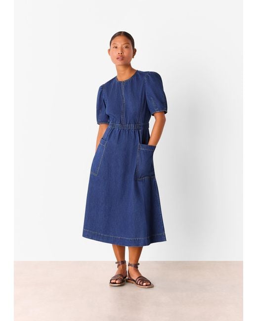 Whistles Blue Petite Midi Short Sleeve Dress
