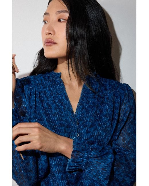 Whistles Blue Floral Textured V Neck Blouse