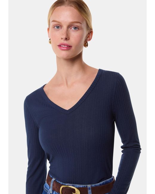 Whistles Blue Diagonal Rib V Neck Top