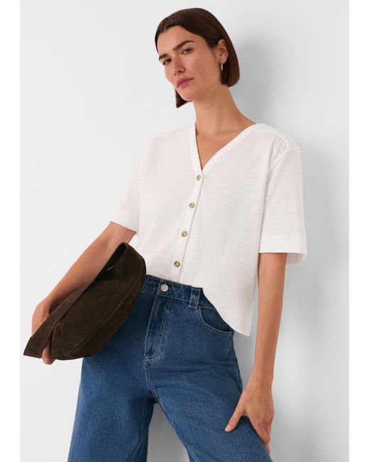 Whistles White Ella V Neck Button Through Tee