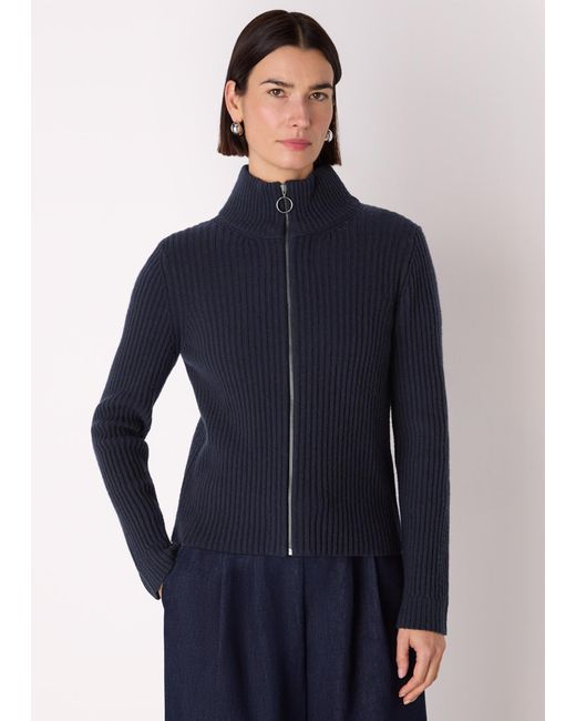 Whistles Blue Wool Zip Front Rib Cardigan