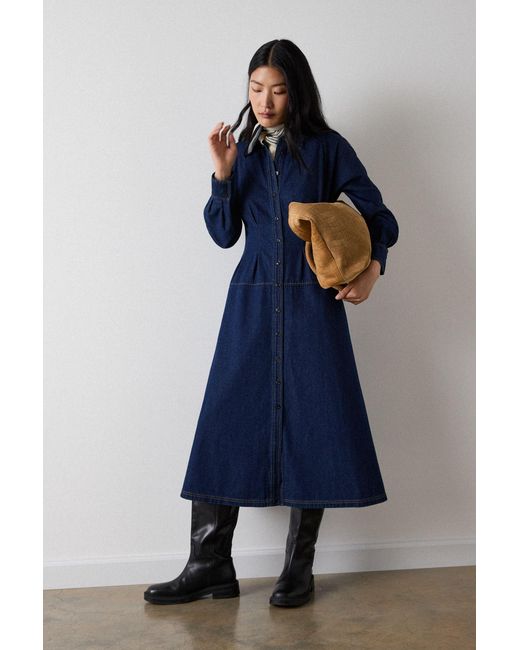Whistles Blue Waisted Midi Shirt Dress