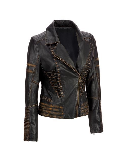Wilsons Leather Black Vintage Distressed Leather Asymmetrical Jacket W/ Lace-up Detailing