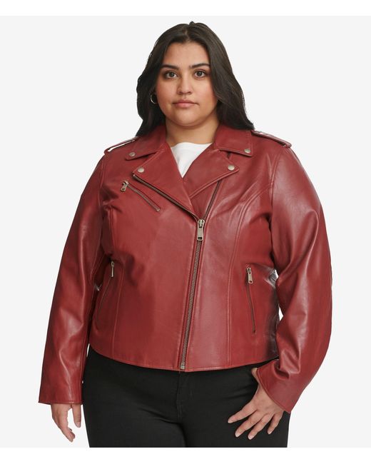 Wilsons Leather Red Plus Size Madeline Asymmetrical Leather Jacket