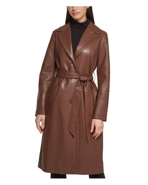Wilsons Leather Brown Belted Faux Leather Trench With Faux Fur Shawl Collar