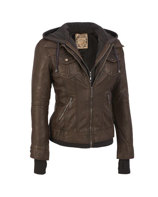 Wilsons Leather Brown Coalition La Faux-leather Center Zip Jacket W/ Knit Hood And Cuffs