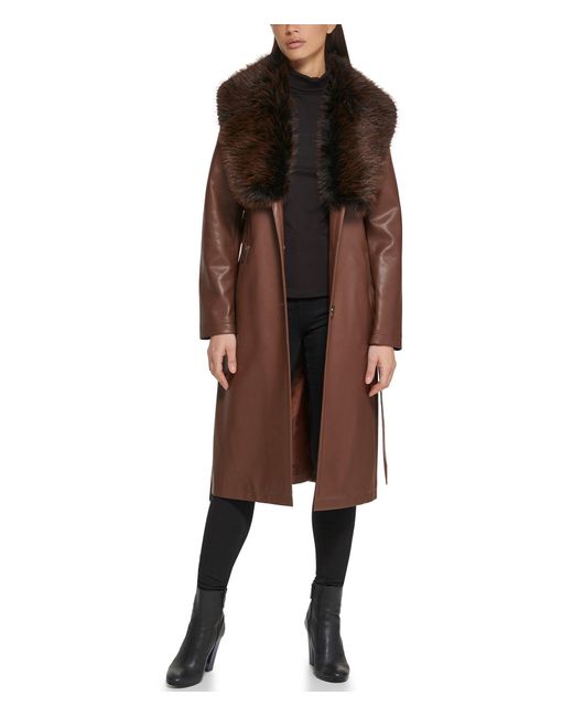 Wilsons Leather Brown Belted Faux Leather Trench With Faux Fur Shawl Collar