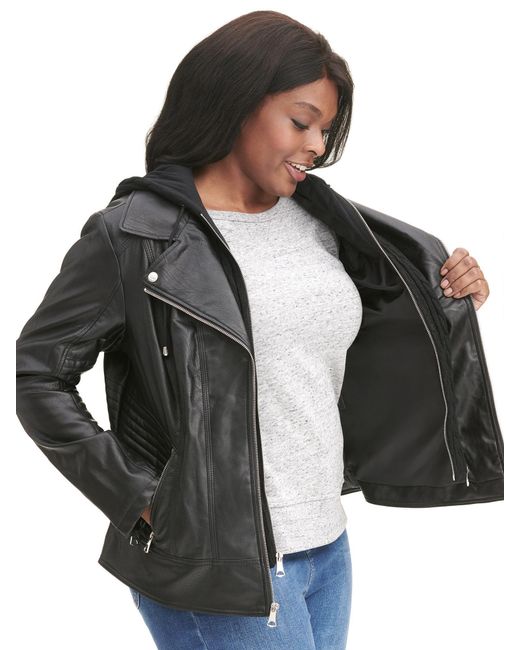 Women S Black Plus Size Cycle Faux Leather Jacket W Cable Knit Hood