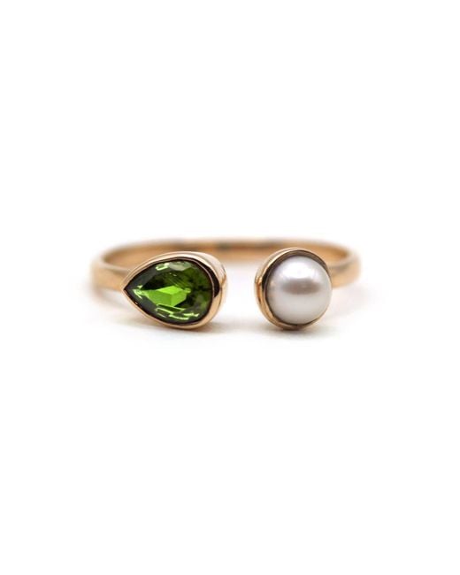 VicStoneNYC Fine Jewelry Metallic Natural Peridot With Pearl Open Cuff Ring