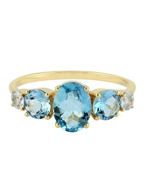 Artisan Blue Aquamarine & White Sapphire In 18k Yellow Gold Handmade Fashion Ring