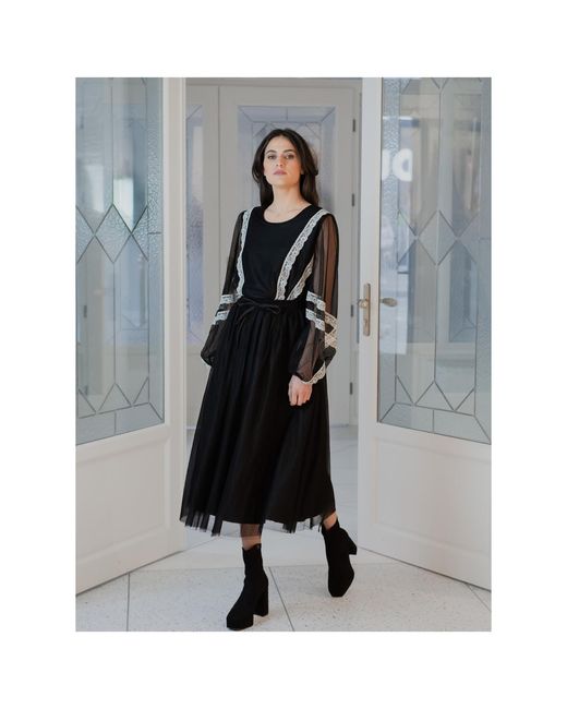 concept A trois Black Tulle Blouse With Polka Dots And Lace Details