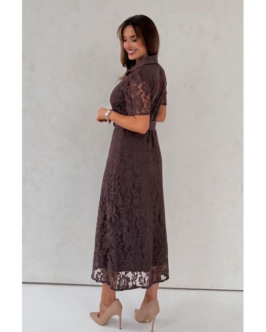 Girl In Mind Brown Tansy Short Sleeve Lace Shirt Dress