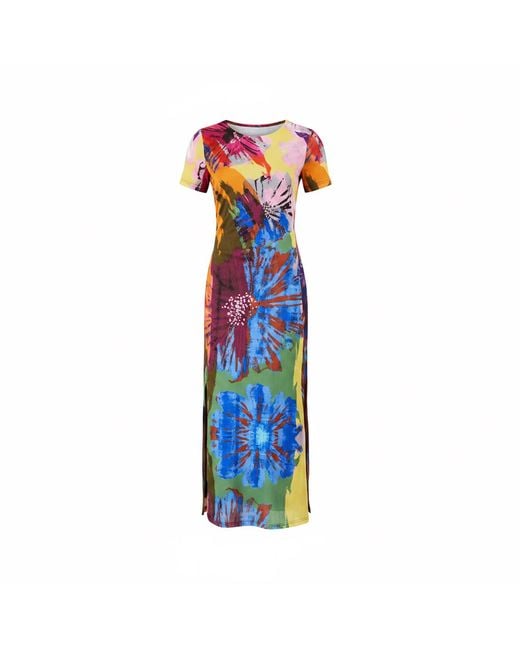 Yumi' Blue Multicolour Abstract Floral Mesh Midi Dress
