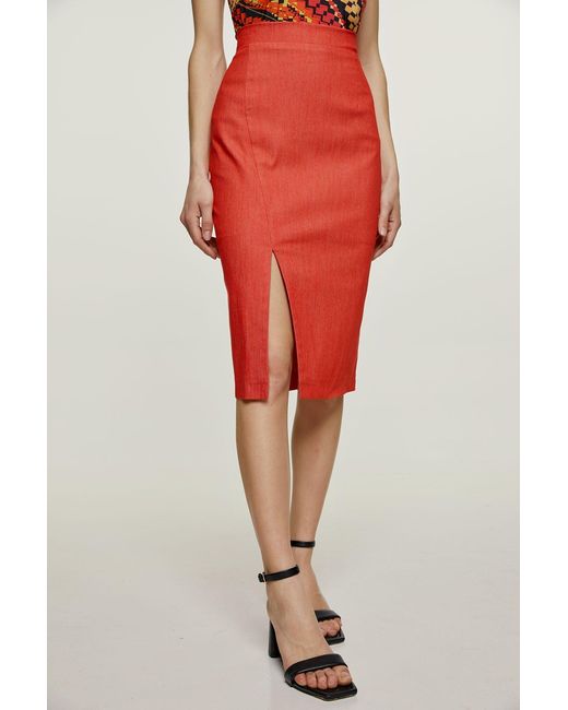 Conquista Red Denim Style Pencil Skirt