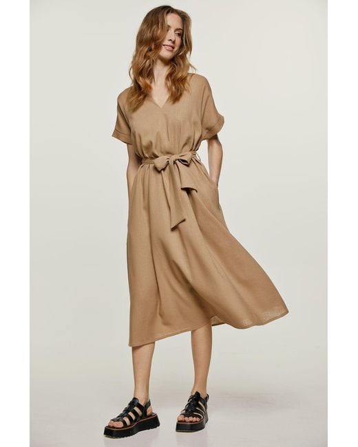 Conquista Natural Linen Style Belted Midi Dress