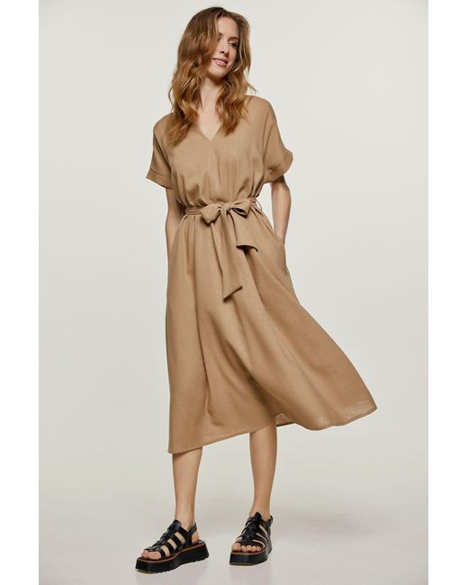 Conquista Natural Linen Style Belted Midi Dress