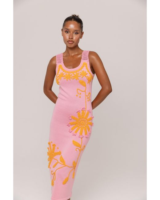 Andreeva White Golden Daisy Knit Dress With Handmade Embroidery