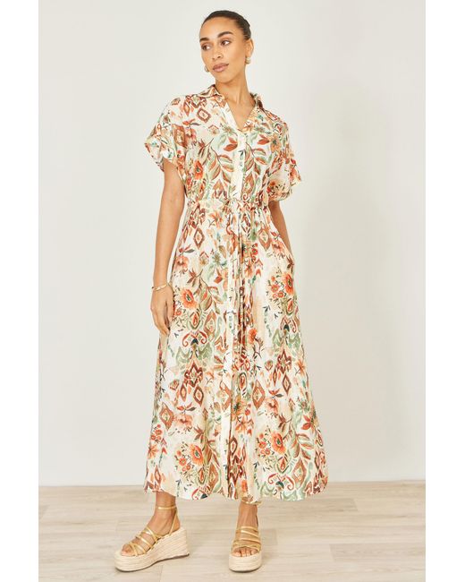 Yumi' Metallic Neutrals Ivory Viscose Relaxed Boho Print Maxi Shirt Dress