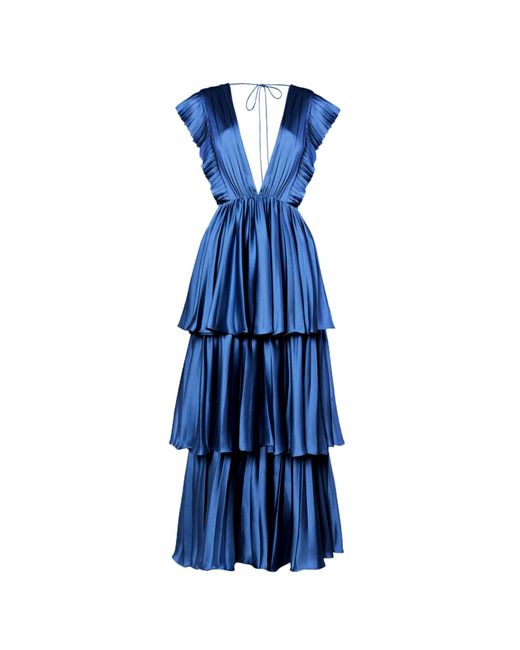 True Decadence Blue Teal Satin Pleated Tiered Midaxi Dress