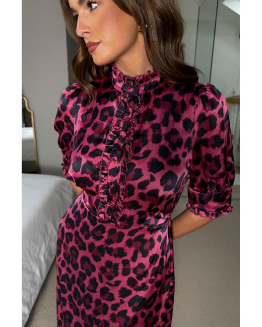 Girl In Mind Red Kirsty Ruffle Hem Midi Dress Leopard