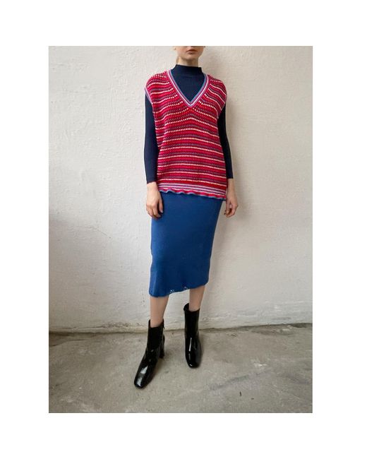 Arto. Red Yeah! Cozy Wool Blend Ruffles Stripes Oversized Vest