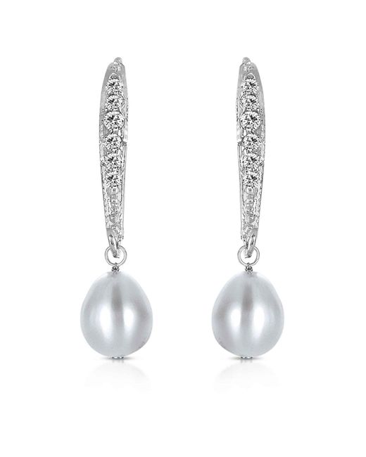 Genevive Jewelry Metallic Cubic Zirconia Sterling Silver White Gold Plated Grey Water Pearl Dangling Earring