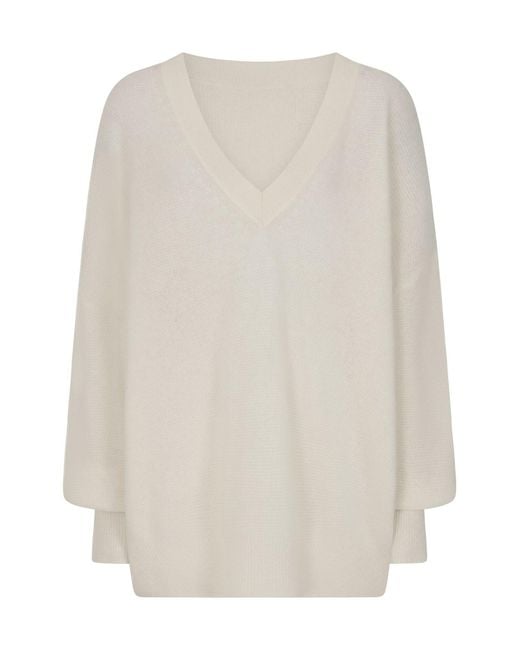 Loop Cashmere White Relaxed Lofty V Neck Sweater