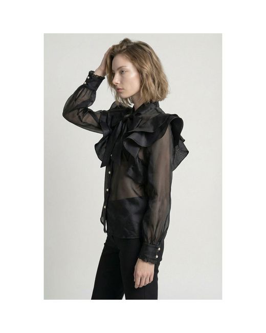Modenaire Black Sheer Ruffle Blouse With Statement Bow