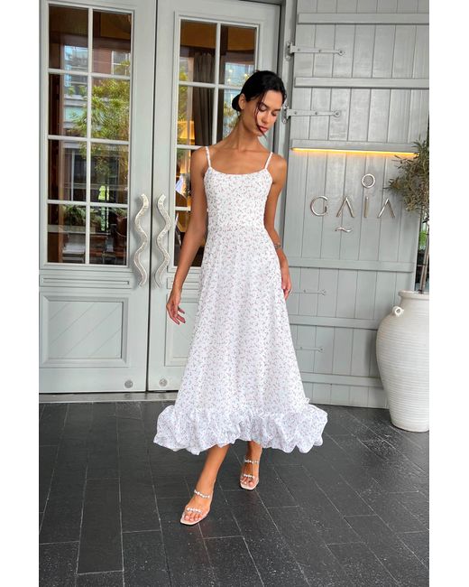 POST MERIDIEM White Floral Flounce Bustier Midi Dress