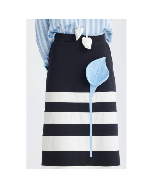 Julia Allert Black Contemporary Striped A-Line Skirt, Floral Detail–