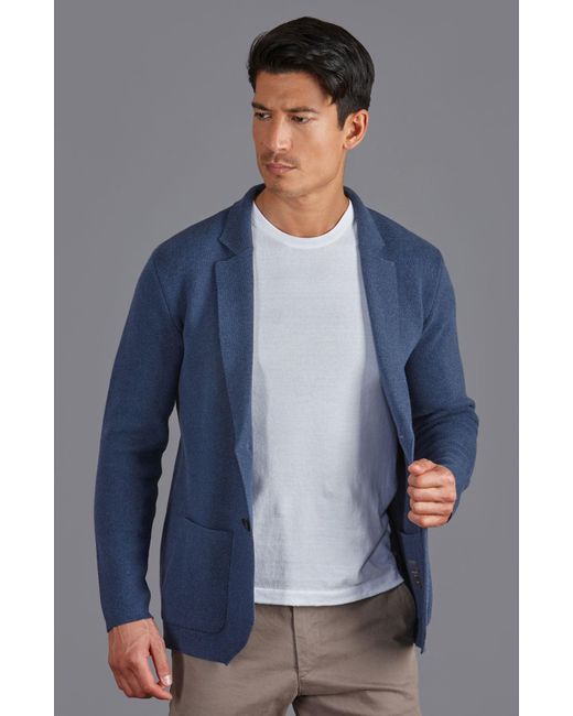 Paul James Knitwear Blue Cotton Deconstructed Knitted Gabriel Blazer for men