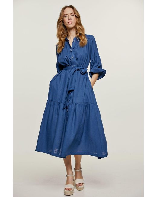 Conquista Blue Linen Style Dress With Pockets