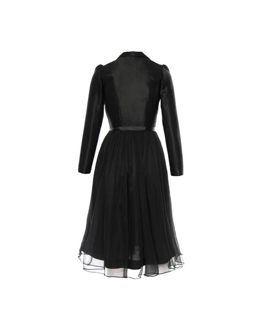 AVENUE No.29 Black Silk V Neck Lapel Dress With Gathered Midi Skirt –