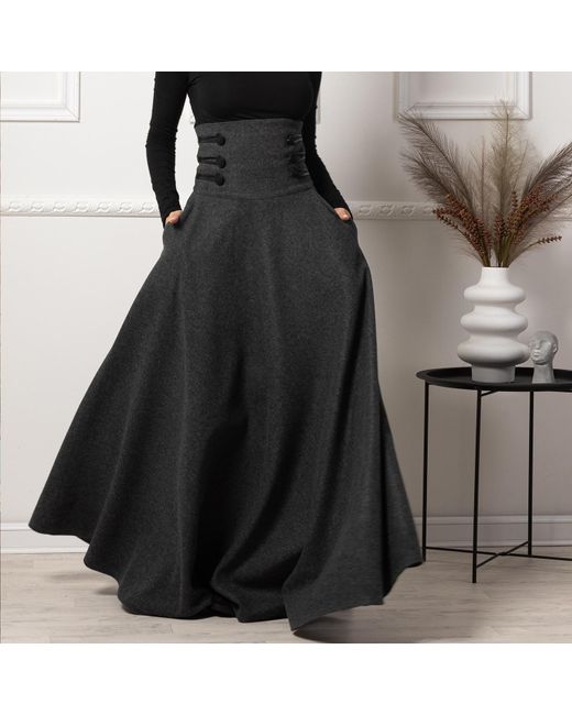 Nikka Place Black Ultra High Waist Wool Maxi Skirt With Pockets