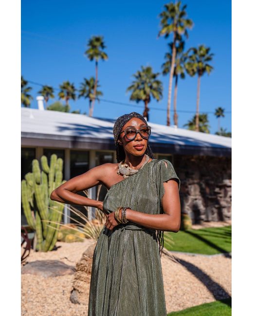 Jennafer Grace Green Electrum Slink Pleated One-Shoulder Maxi Dress
