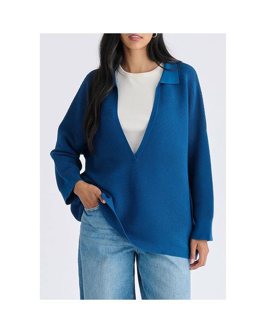 Paisie Blue Low Cut Polo Collar Ribbed Jumper