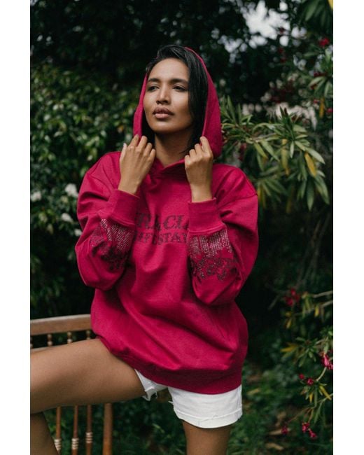 Miracles Manifester Red Positive Affirmation Hoodie With Rhinestone Design