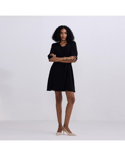 REISTOR Black Short Crepe Dress With A Waist-Tie